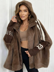 Oversized teddy winter coat for women with hood and striped sleeves