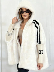 Women's oversized teddy winter coat with hood and striped sleeves in white