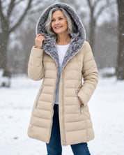Women's padded winter coat with detachable hood and fleece lining in apricot