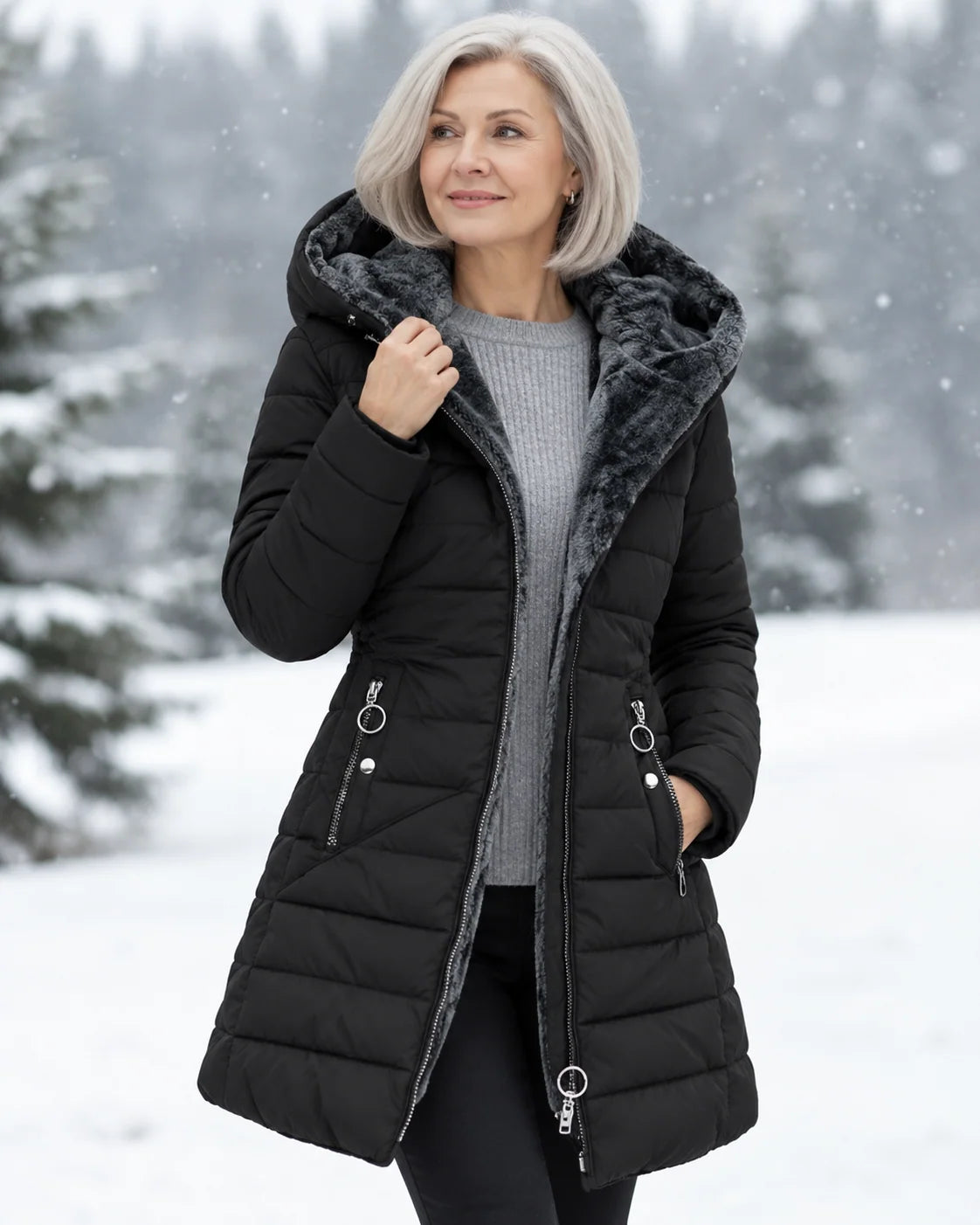 Women's padded winter coat with detachable hood and fleece lining in black