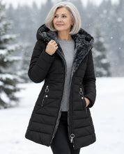 Women's padded winter coat with detachable hood and fleece lining in black