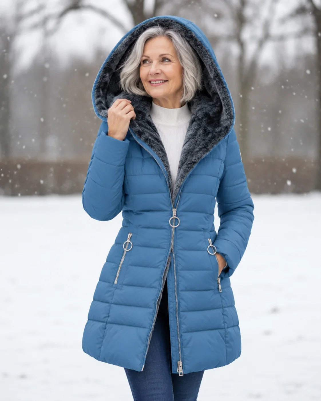 Women's padded winter coat with detachable hood and fleece lining in blue