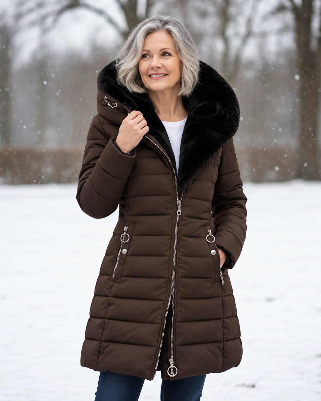 Women's padded winter coat with detachable hood and fleece lining in brown