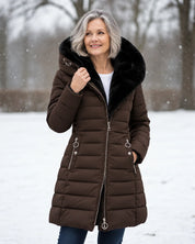 Women's padded winter coat with detachable hood and fleece lining in brown