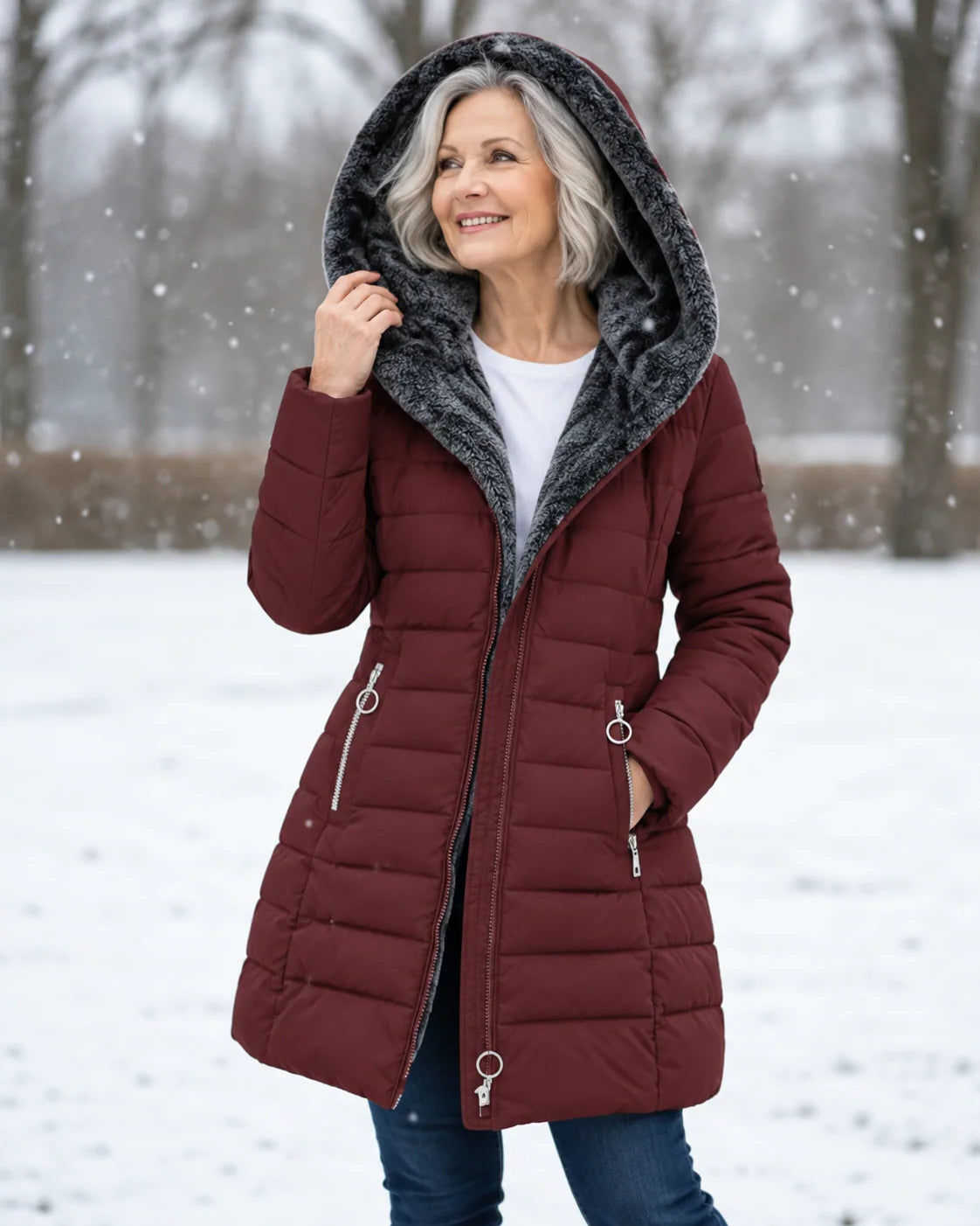 Women's padded winter coat with detachable hood and fleece lining in burgundy