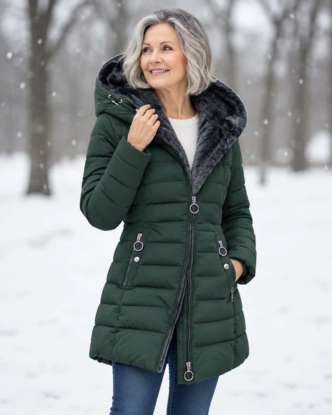 Women's padded winter coat with detachable hood and fleece lining in dark green