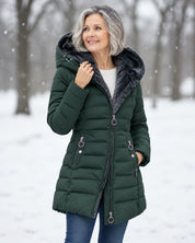Women's padded winter coat with detachable hood and fleece lining in dark green