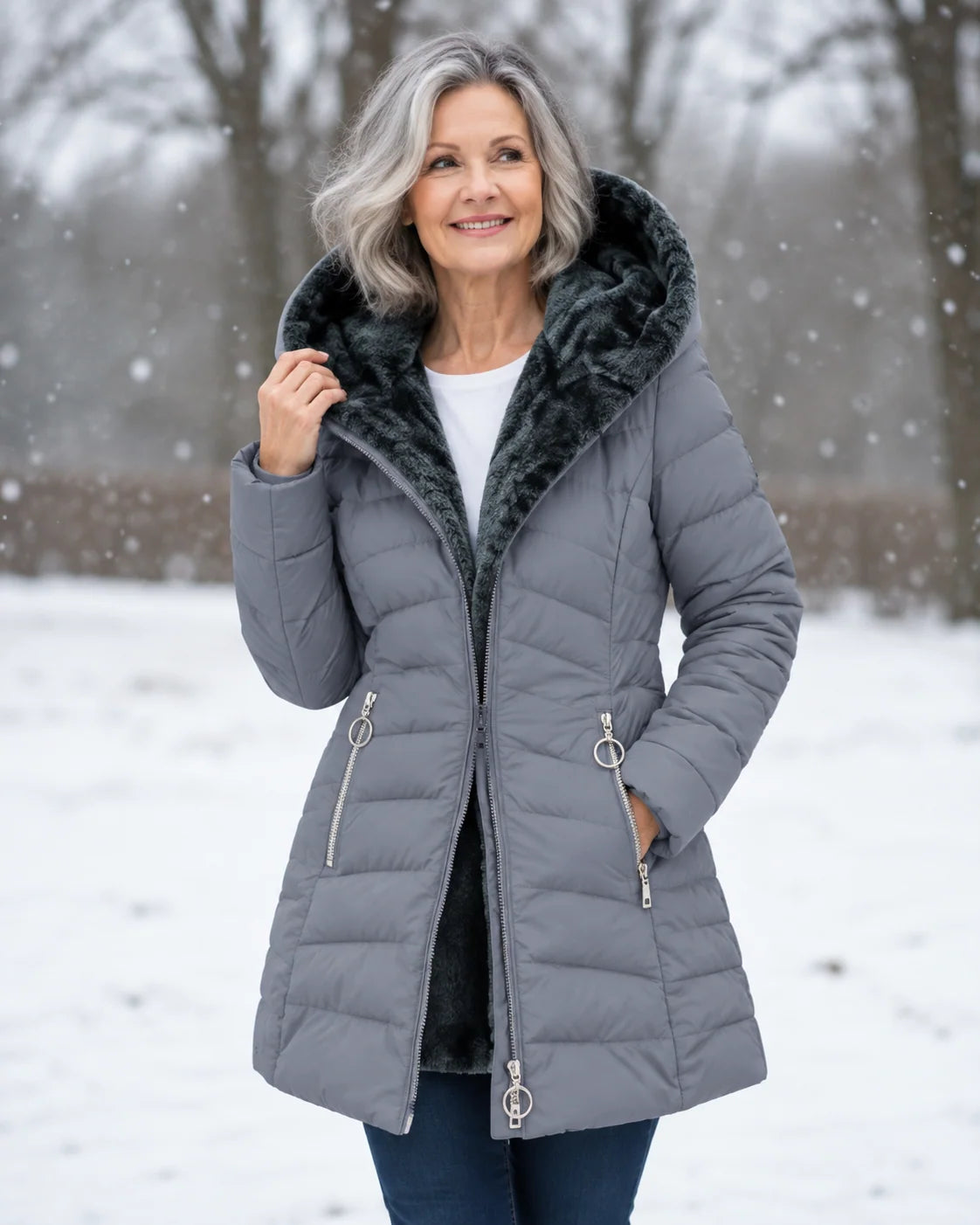 Women's padded winter coat with detachable hood and fleece lining in grey