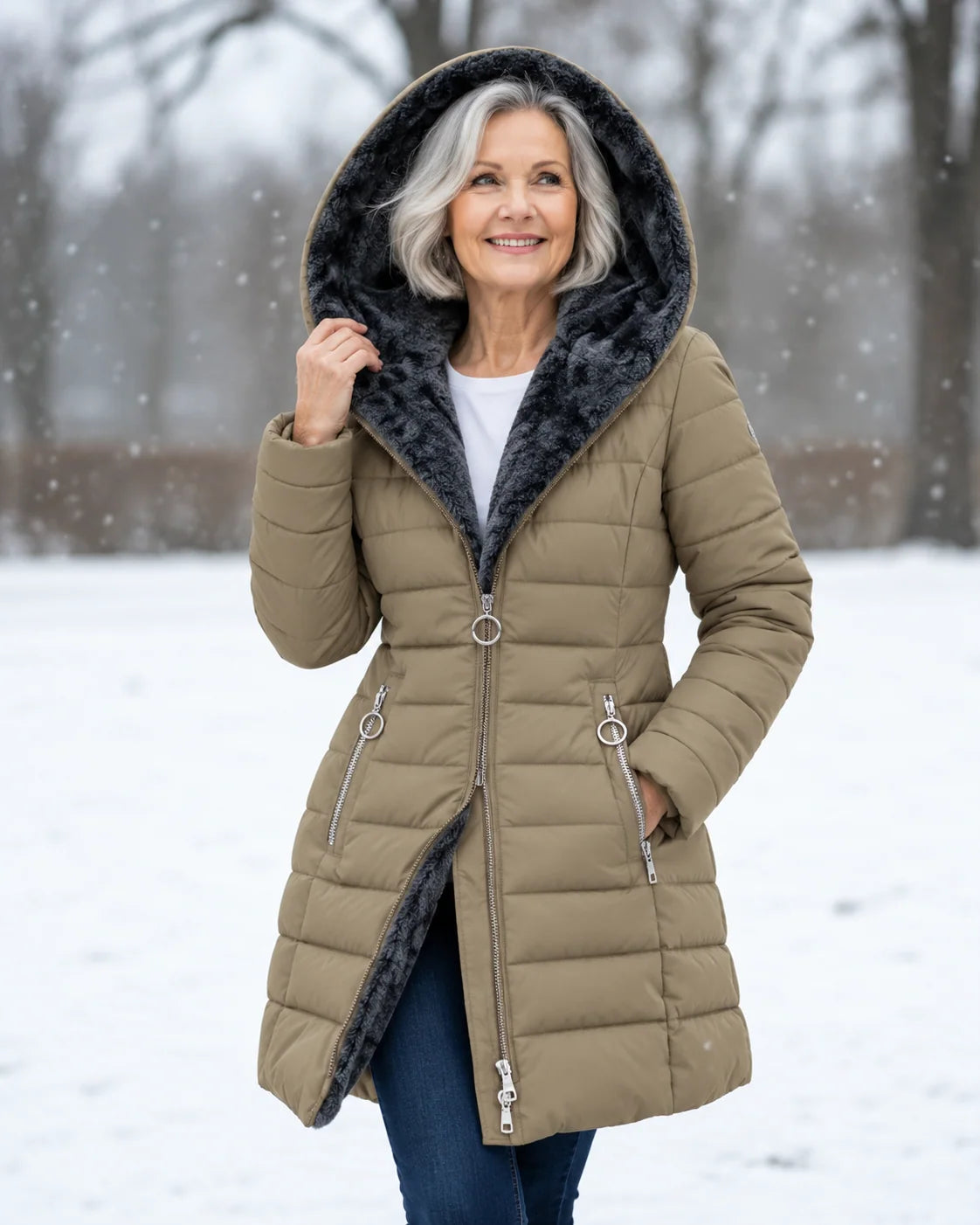 Women's padded winter coat with detachable hood and fleece lining in khaki