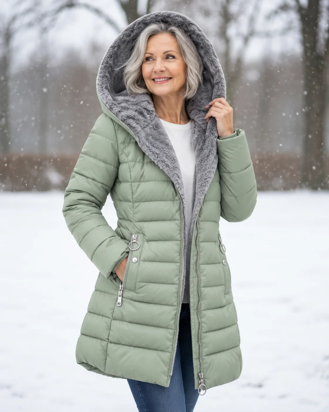 Women's padded winter coat with detachable hood and fleece lining in light green