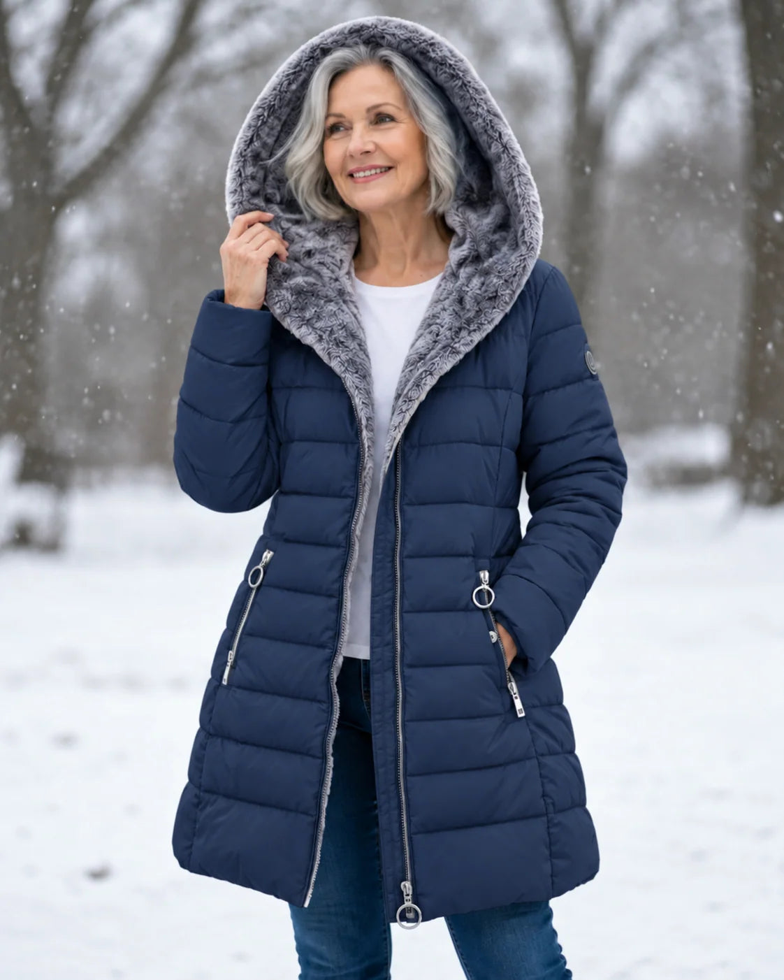 Women's padded winter coat with detachable hood and fleece lining in navy