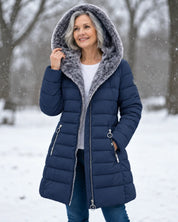 Women's padded winter coat with detachable hood and fleece lining in navy