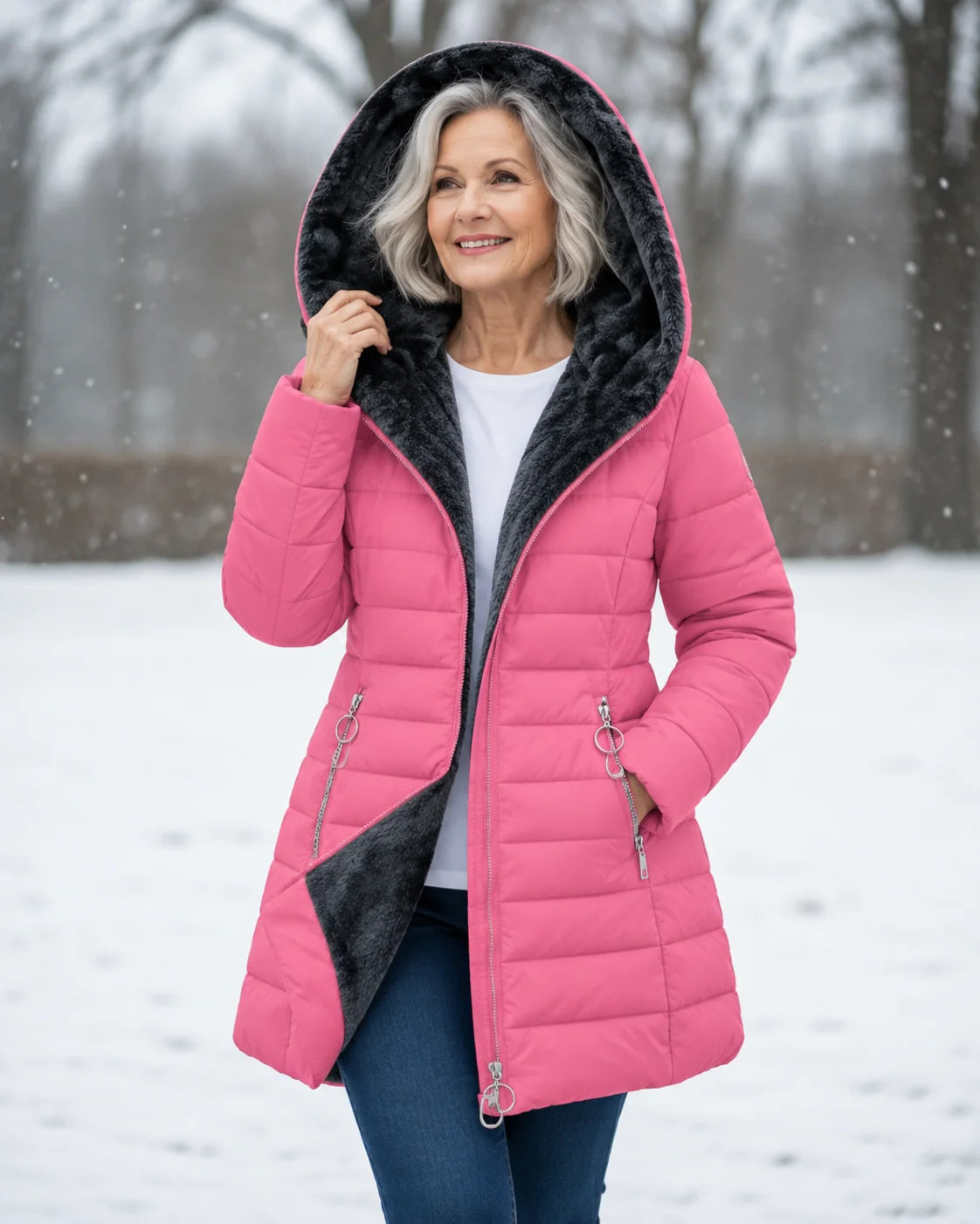 Women's padded winter coat with detachable hood and fleece lining in pink