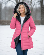 Women's padded winter coat with detachable hood and fleece lining in pink