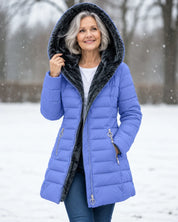 Women's padded winter coat with detachable hood and fleece lining in royal blue