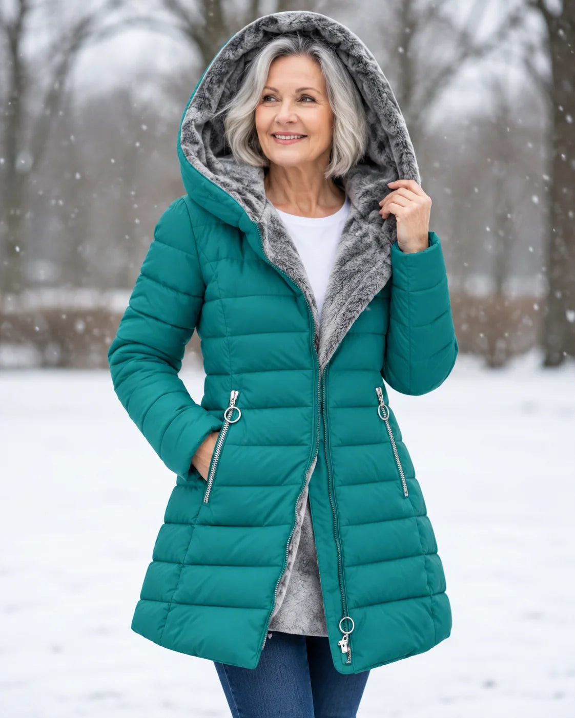 Women's padded winter coat with detachable hood and fleece lining in teal