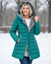 Women's padded winter coat with detachable hood and fleece lining in teal