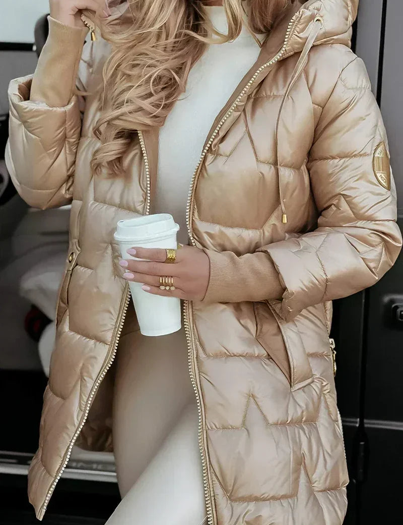 Women's padded winter coat with hood and drawstring in beige