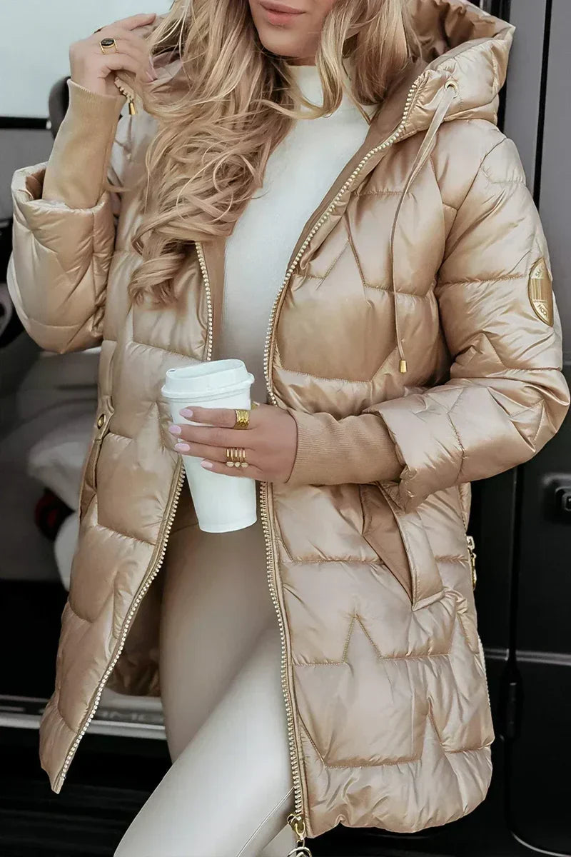 Women's padded winter coat with hood and drawstring in beige