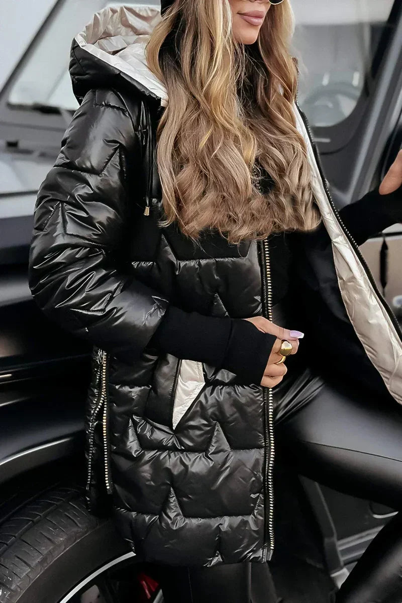 Women's padded winter coat with hood and drawstring in black