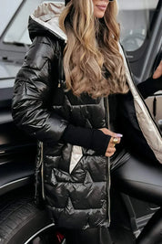 Women's padded winter coat with hood and drawstring in black
