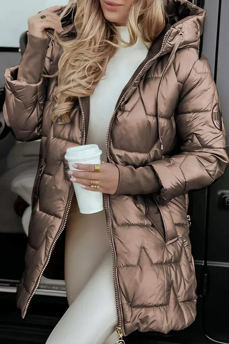 Women's padded winter coat with hood and drawstring in brown