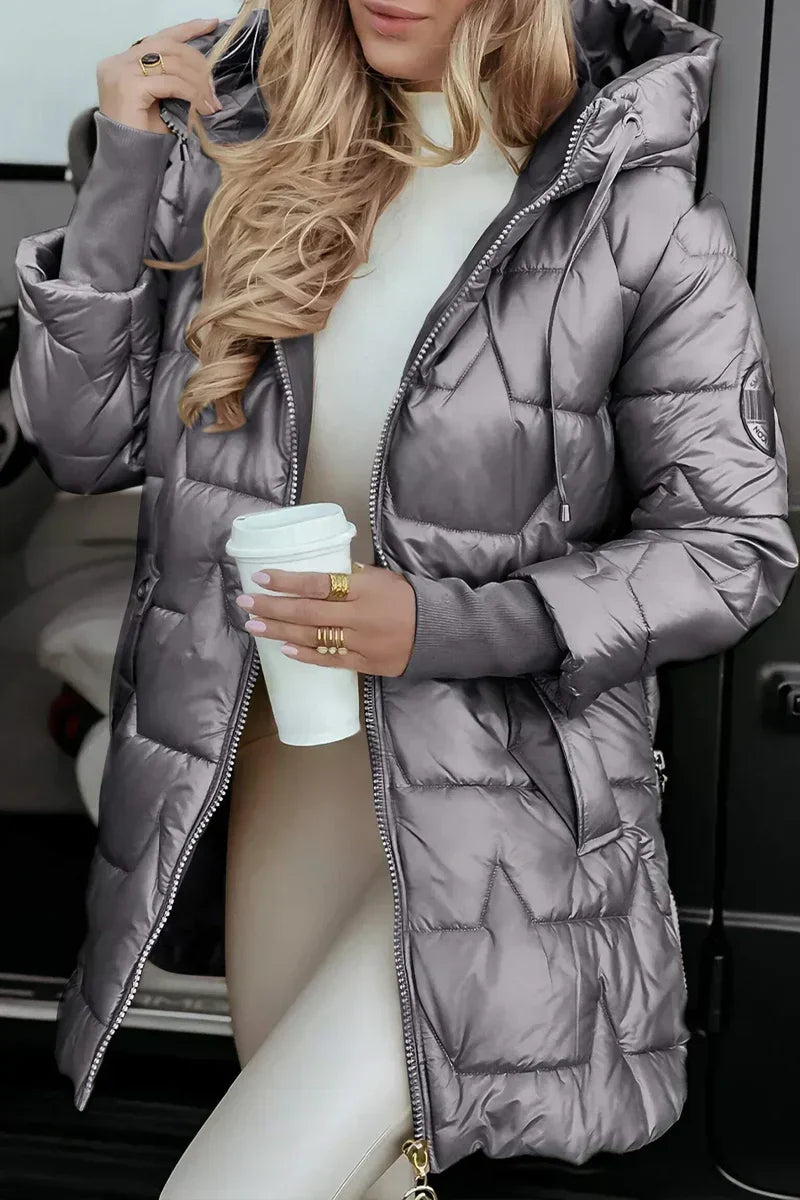 Women's padded winter coat with hood and drawstring in grey