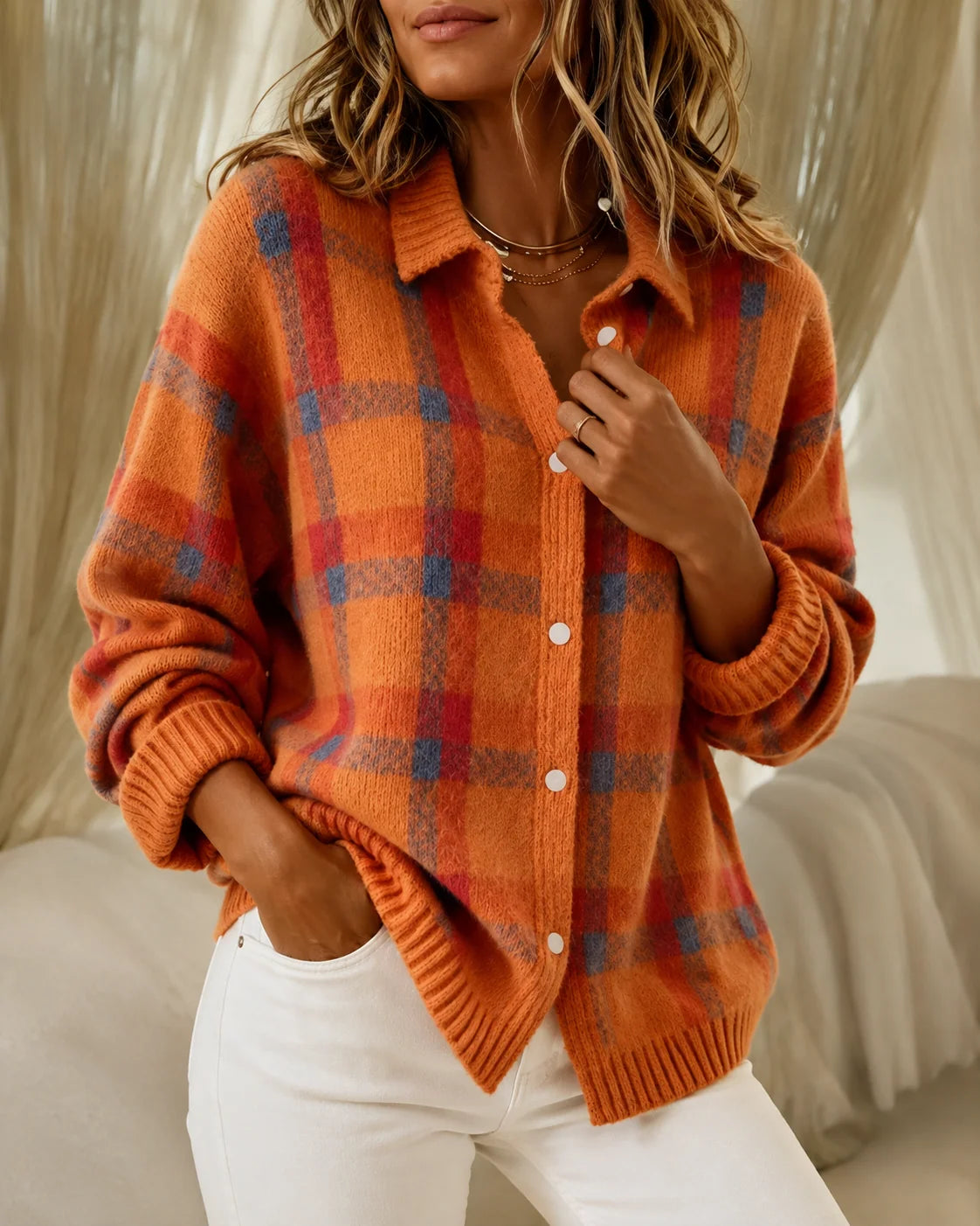 Women's plaid knitted cardigan with relaxed fit in orange