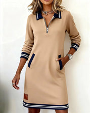 Women's polo jumper dress with half zip and long sleeves in beige