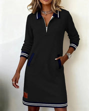 Women's polo jumper dress with half zip and long sleeves in black