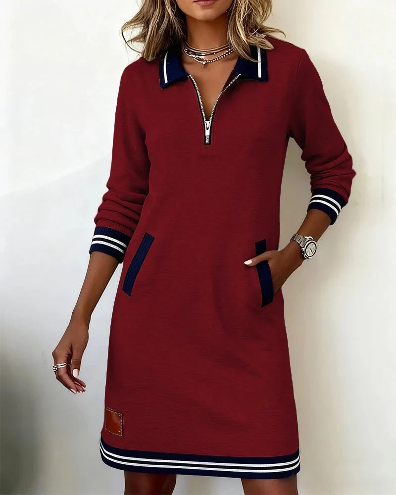 Women's polo jumper dress with half zip and long sleeves in burgundy