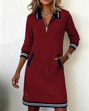 Women's polo jumper dress with half zip and long sleeves in burgundy