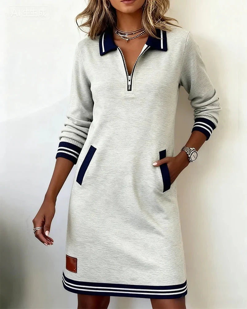 Women's polo jumper dress with half zip and long sleeves in grey