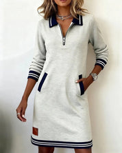 Women's polo jumper dress with half zip and long sleeves in grey