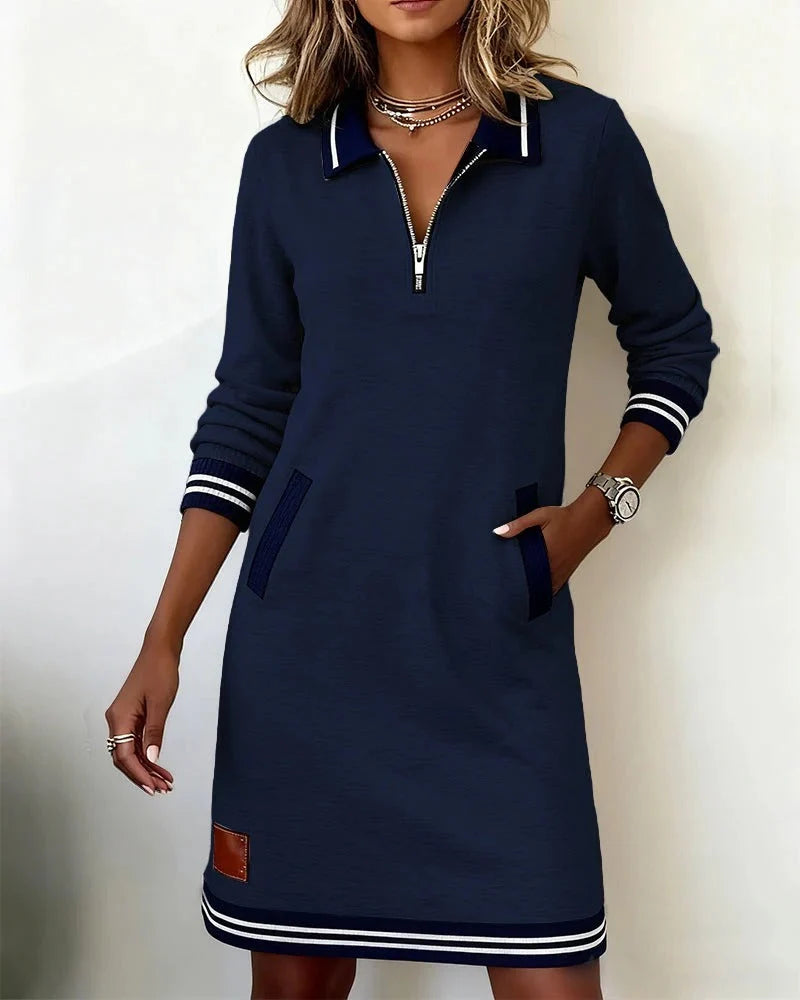 Women's polo jumper dress with half zip and long sleeves in navy