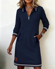 Women's polo jumper dress with half zip and long sleeves in navy