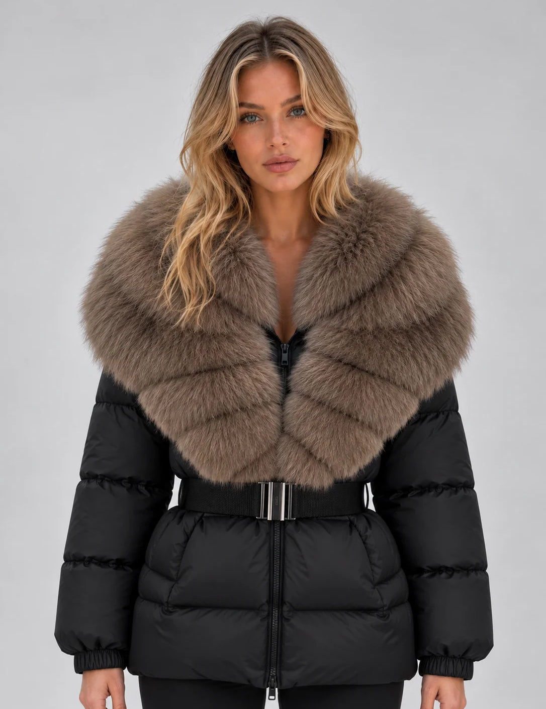 Women's puffer jacket in black with faux fur collar and belt