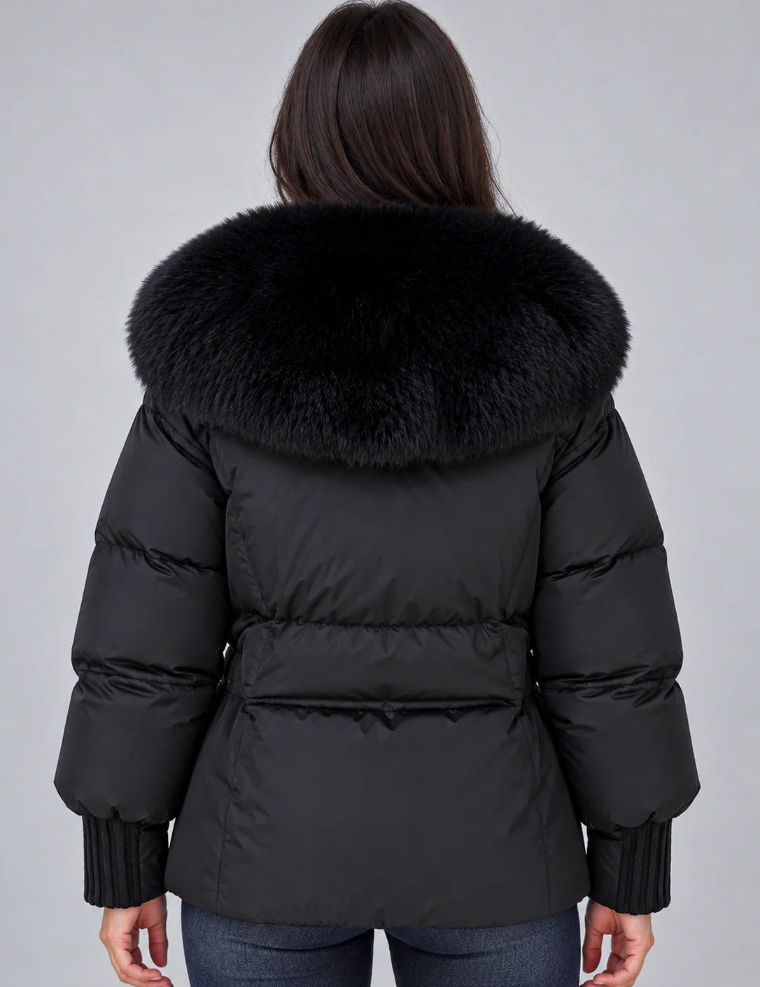 Women's puffer jacket with faux fur collar and drawstring waist