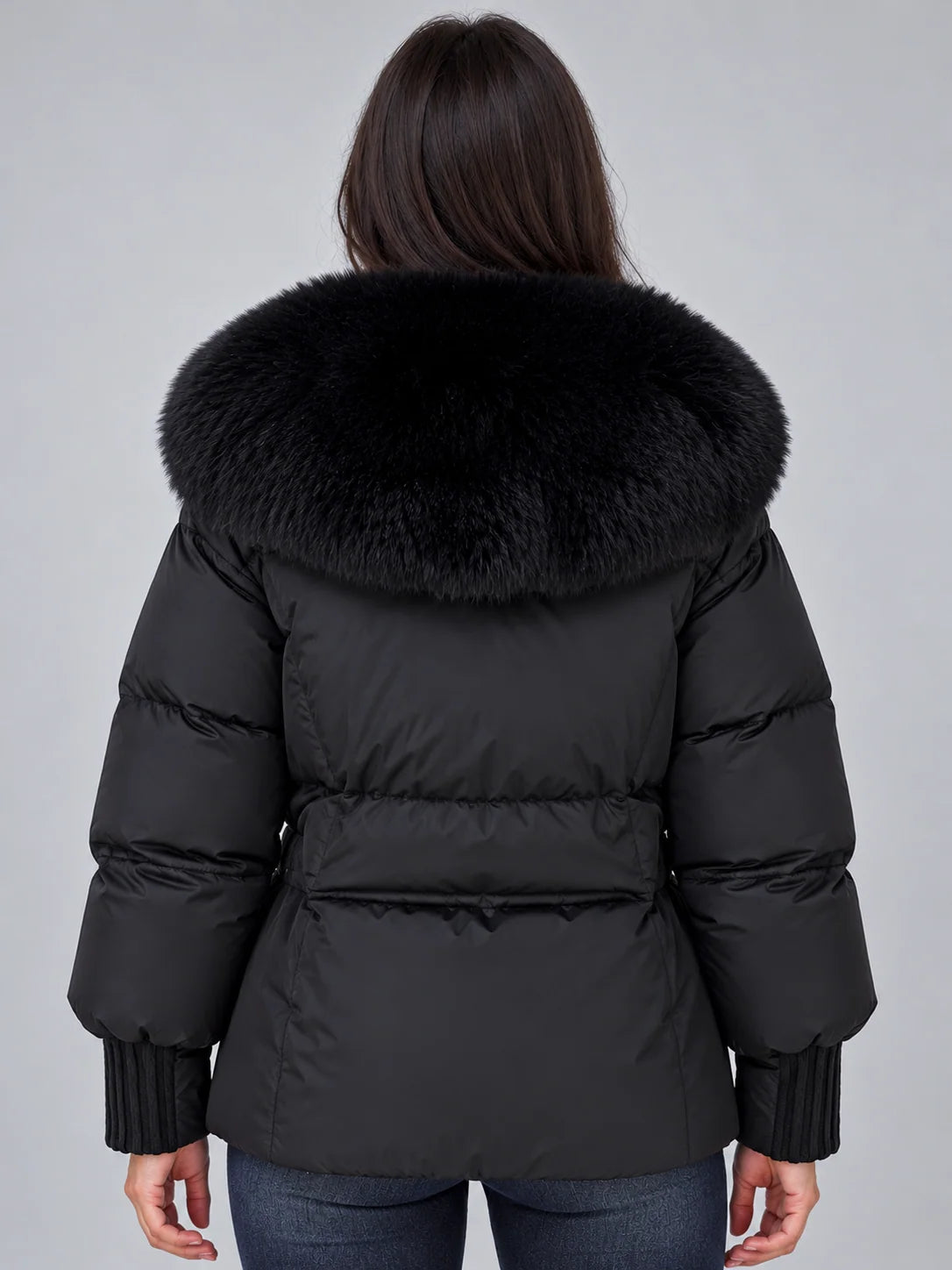 Women's puffer jacket with faux fur collar and drawstring waist