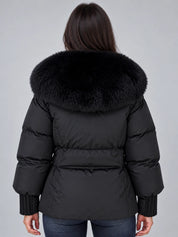 Women's puffer jacket with faux fur collar and drawstring waist