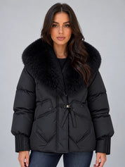 Women's puffer jacket with faux fur collar and drawstring waist in black