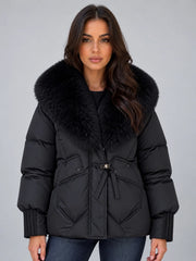 Puffer jacket for women with faux fur collar and drawstring waist