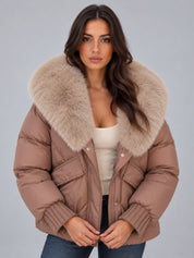 Women's puffer jacket with faux fur collar and drawstring waist in taupe