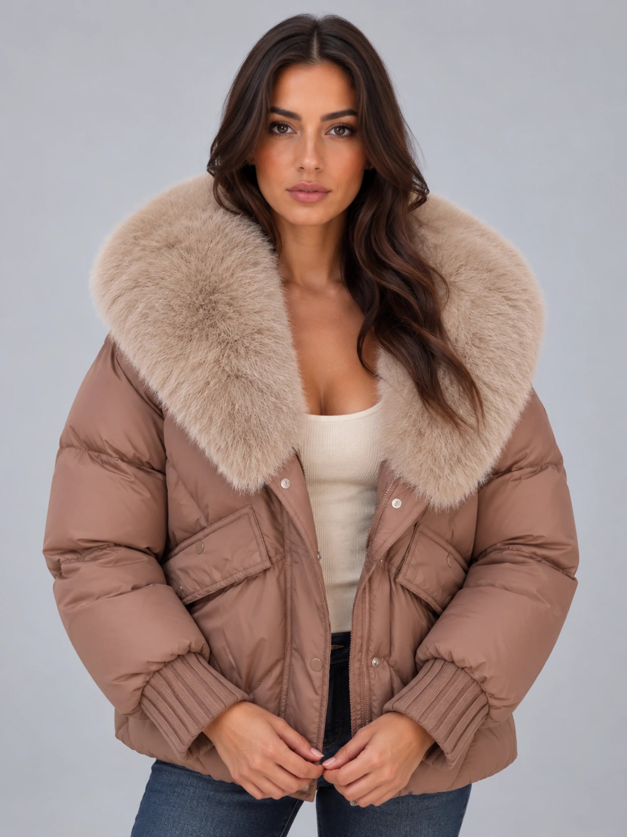 Women's puffer jacket with faux fur collar and drawstring waist in taupe