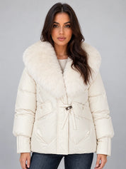 Women's puffer jacket with faux fur collar and drawstring waist in white