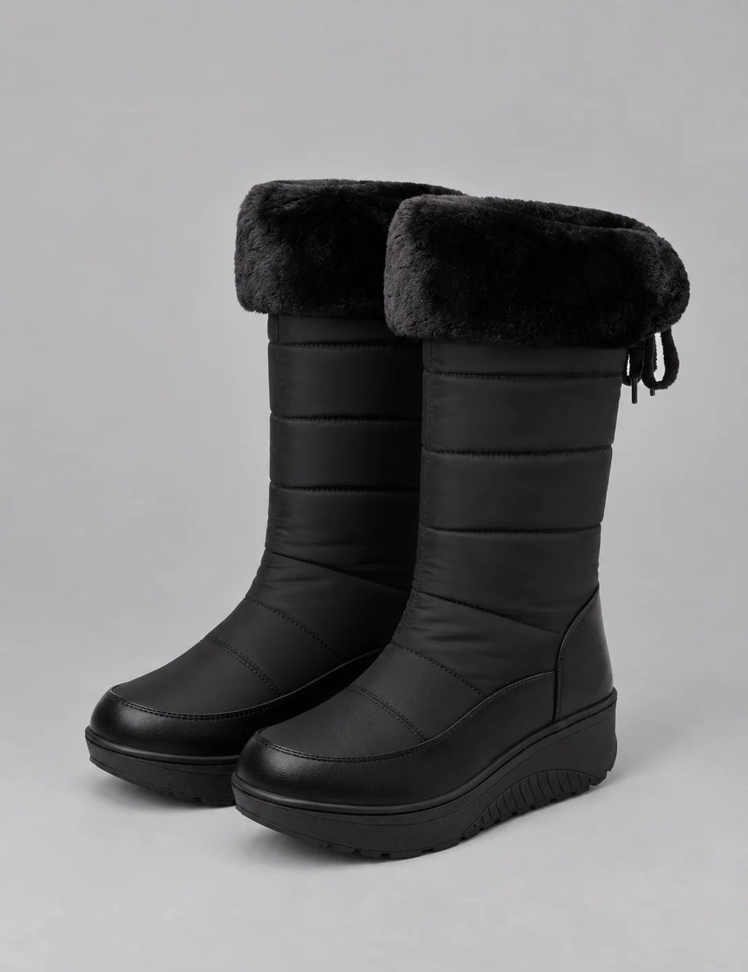 Women's quilted snow boots with faux fur and wedge sole in black