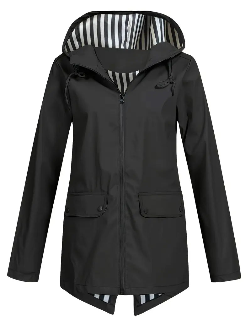 Women's water-repellent rain jacket with hood and zip pockets