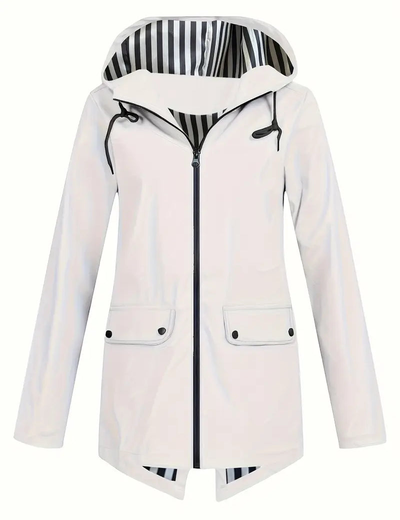 Women's water-repellent rain jacket with hood and zip pockets in white