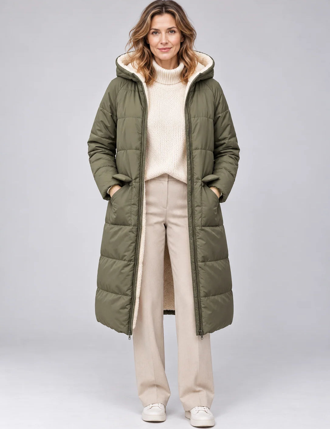 Women's reversible long puffer coat in olive and beige with hood