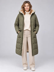 Reversible long puffer coat for women in olive and beige with hood